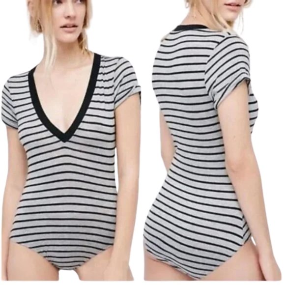 Free People Oh Me Oh My Striped V Neck Bodysuit - Picture 1 of 6